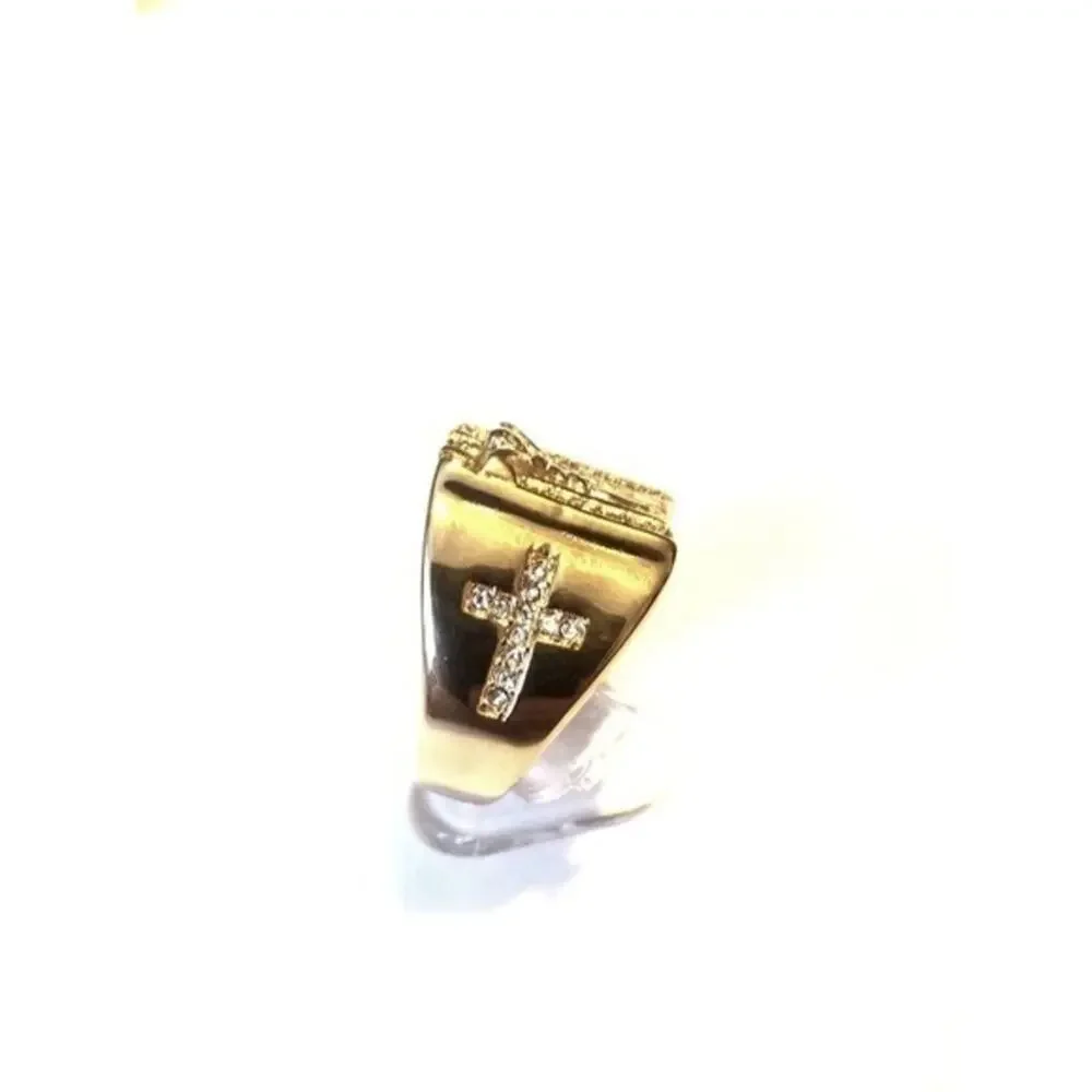 Men’s New gold toned stainless steel jesus‎ cross ring hypoallergenic size 9